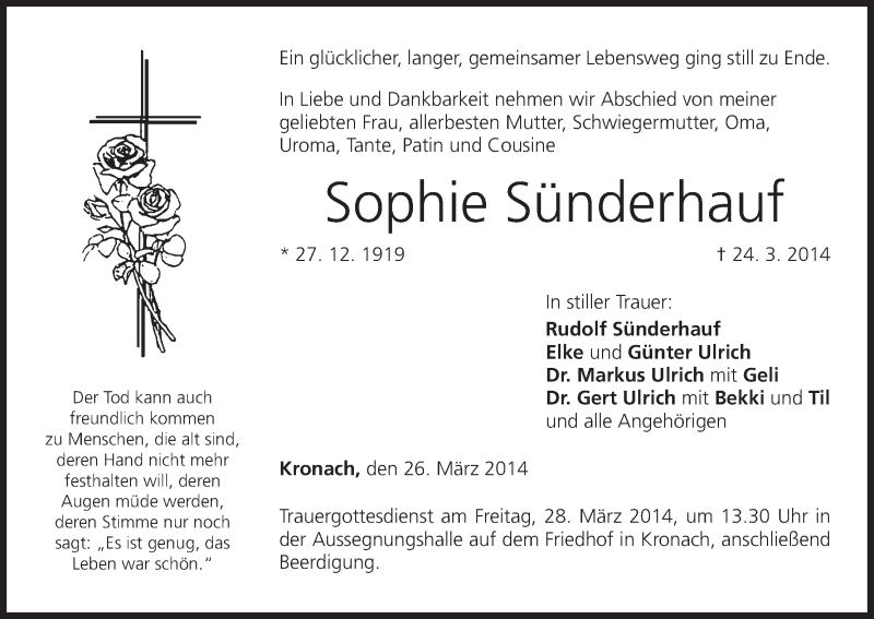  Traueranzeige für Sophie Sünderhauf vom 26.03.2014 aus MGO