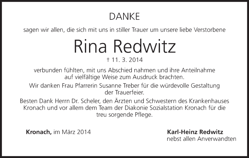  Traueranzeige für Rina Redwitz vom 26.03.2014 aus MGO