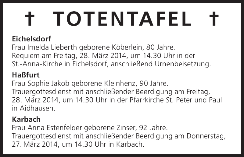  Traueranzeige für Totentafel vom 27.03.2014 vom 27.03.2014 aus MGO