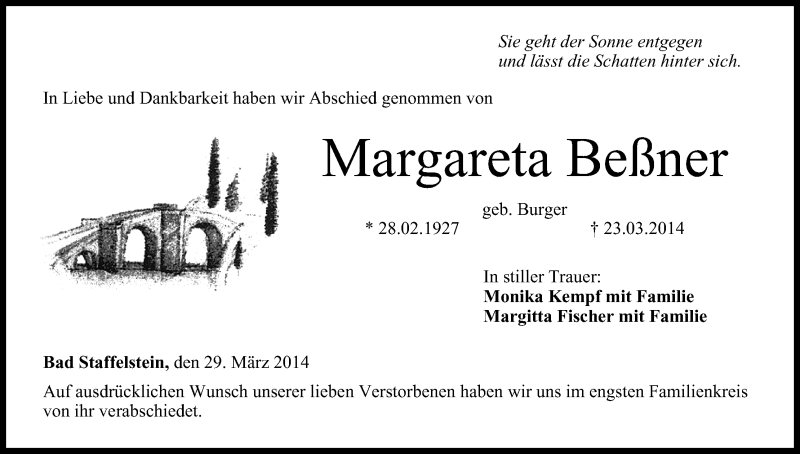  Traueranzeige für Margareta Beßner vom 29.03.2014 aus MGO