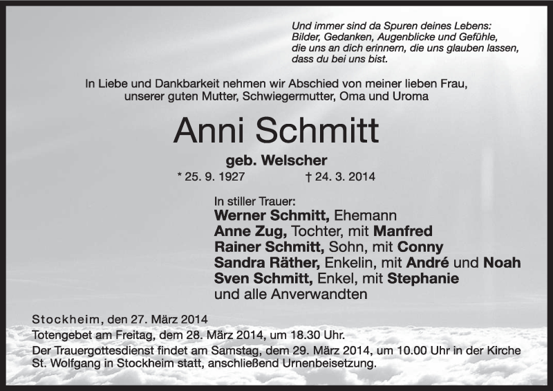  Traueranzeige für Anni Schmitt vom 27.03.2014 aus MGO