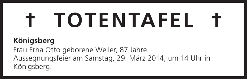  Traueranzeige für Totentafel vom 29.03.2014 vom 29.03.2014 aus MGO