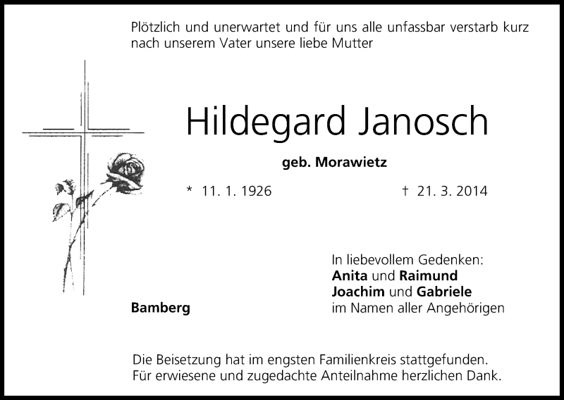  Traueranzeige für Hildegard Janosch vom 28.03.2014 aus MGO