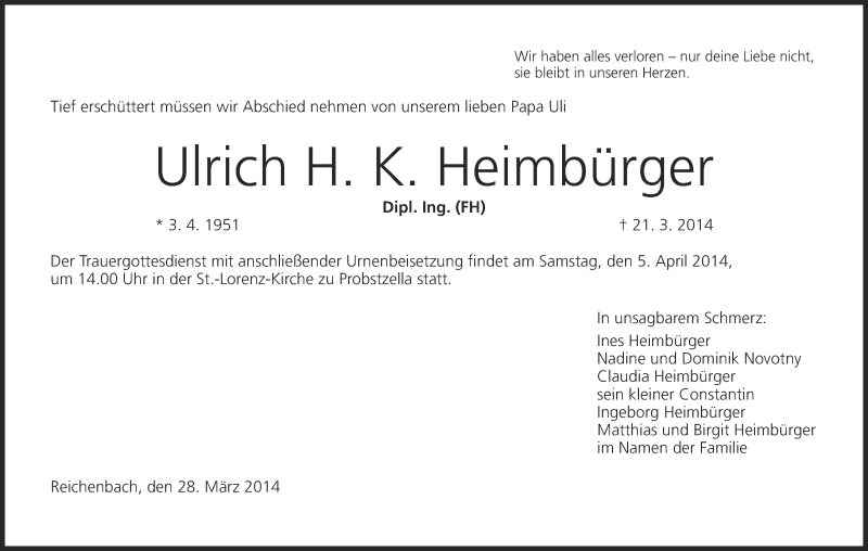  Traueranzeige für Ulrich Heimbürger vom 02.04.2014 aus MGO