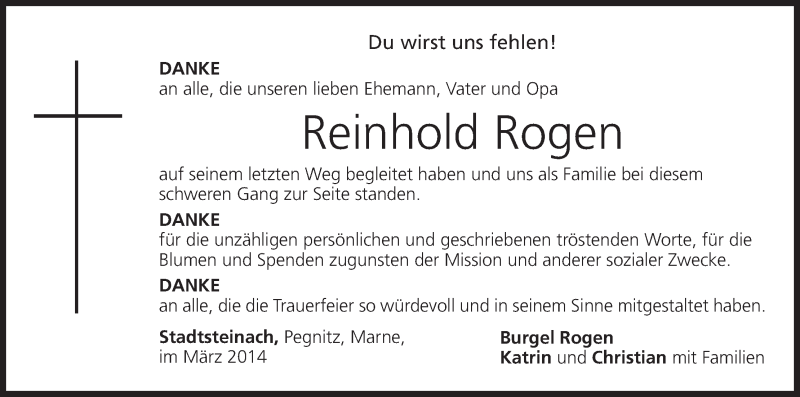  Traueranzeige für Reinhold Rogen vom 29.03.2014 aus MGO