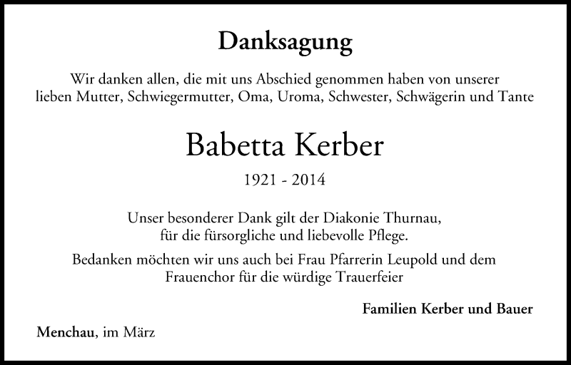  Traueranzeige für Babetta Kerber vom 29.03.2014 aus MGO