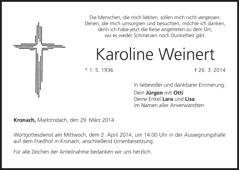 Traueranzeige für Karoline Weinert vom 29.03.2014 aus MGO