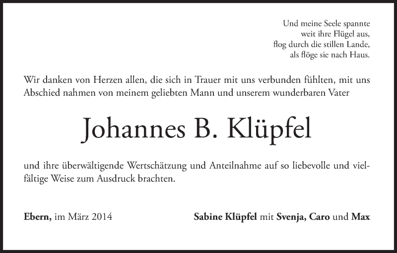  Traueranzeige für Johannes Klüpfel vom 29.03.2014 aus MGO