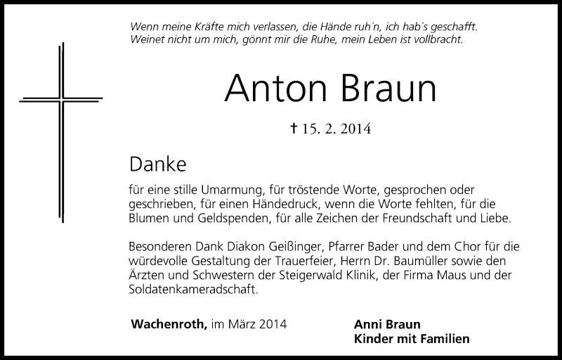  Traueranzeige für Anton Braun vom 29.03.2014 aus MGO