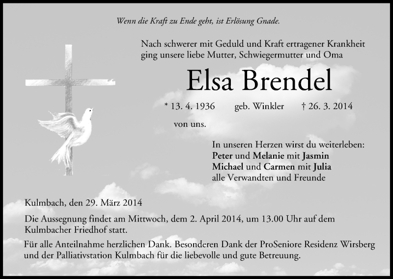  Traueranzeige für Elsa Brendel vom 29.03.2014 aus MGO