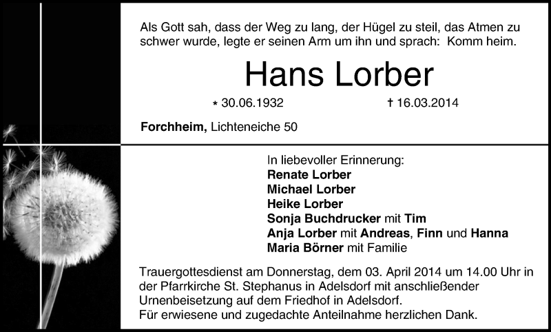  Traueranzeige für Hans Lorber vom 29.03.2014 aus MGO