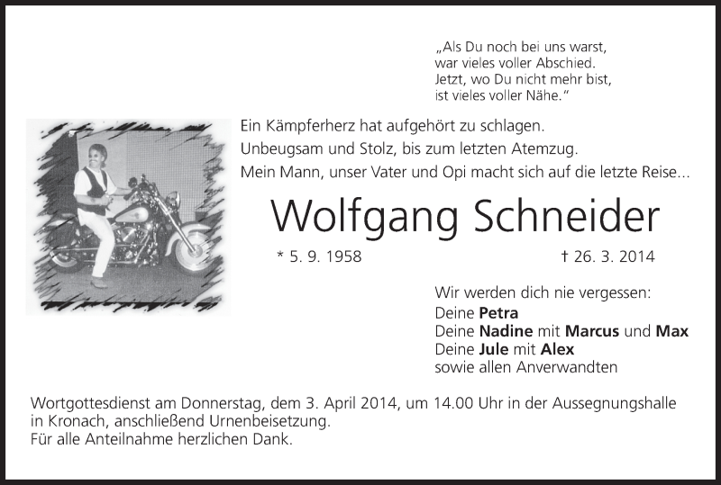  Traueranzeige für Wolfgang Schneider vom 01.04.2014 aus MGO