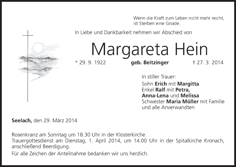  Traueranzeige für Margareta Hein vom 29.03.2014 aus MGO