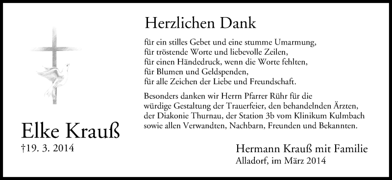  Traueranzeige für Elke Krauß vom 29.03.2014 aus MGO