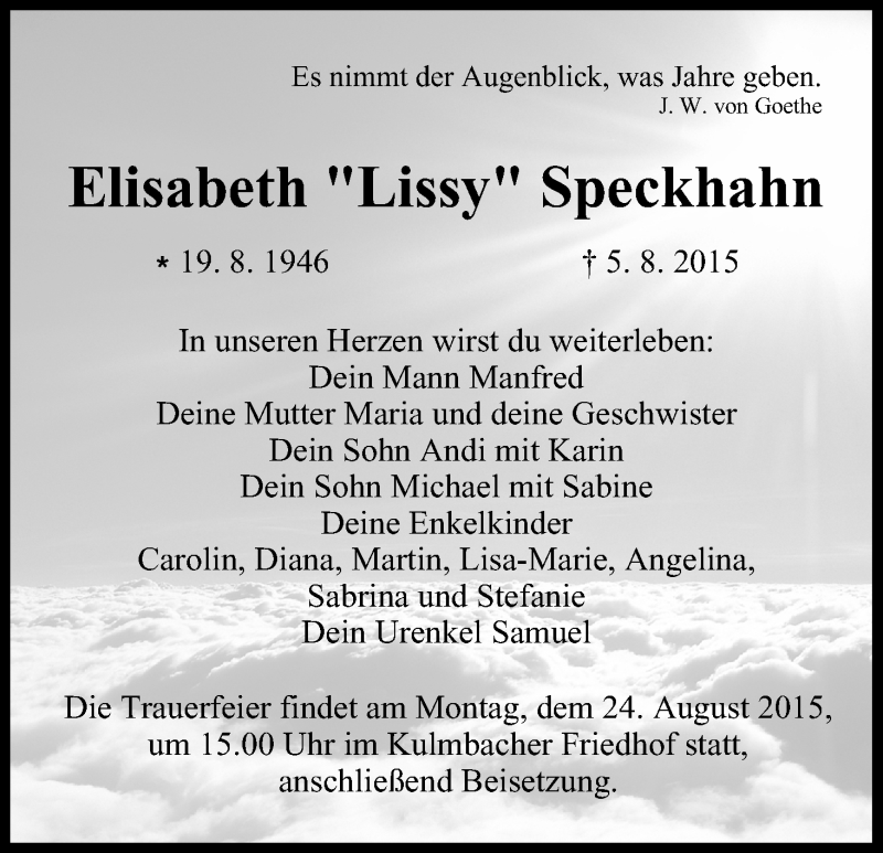 Traueranzeige für Elisabeth Speckhahn vom 19.08.2015 aus MGO