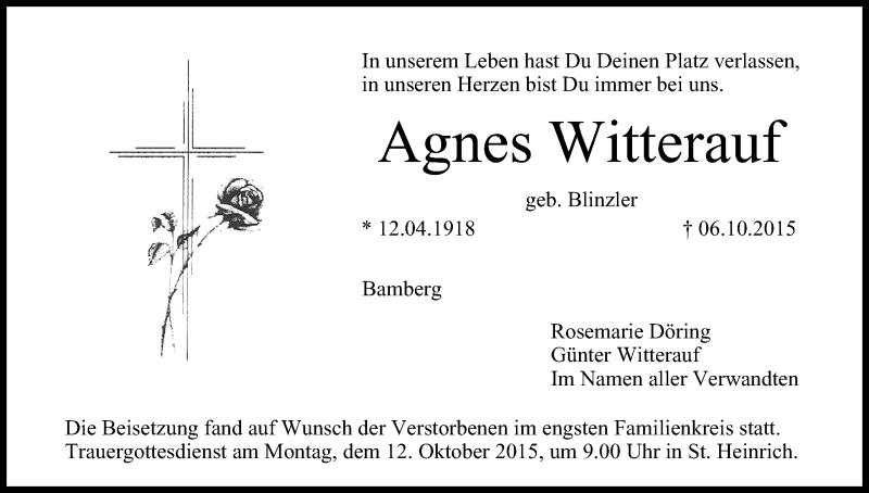  Traueranzeige für Agnes Witterauf vom 10.10.2015 aus MGO