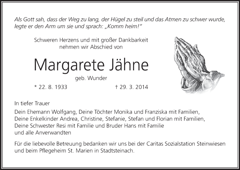  Traueranzeige für Margarete Jähne vom 01.04.2014 aus MGO