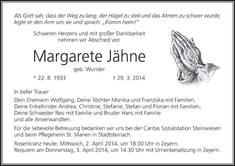  Traueranzeige für Margarete Jähne vom 02.04.2014 aus MGO