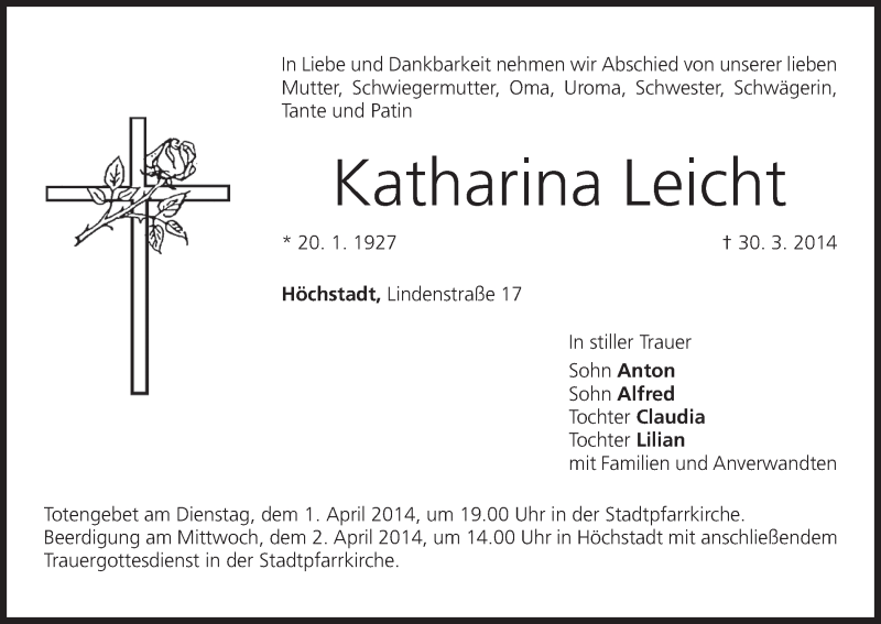  Traueranzeige für Katharina Leicht vom 01.04.2014 aus MGO