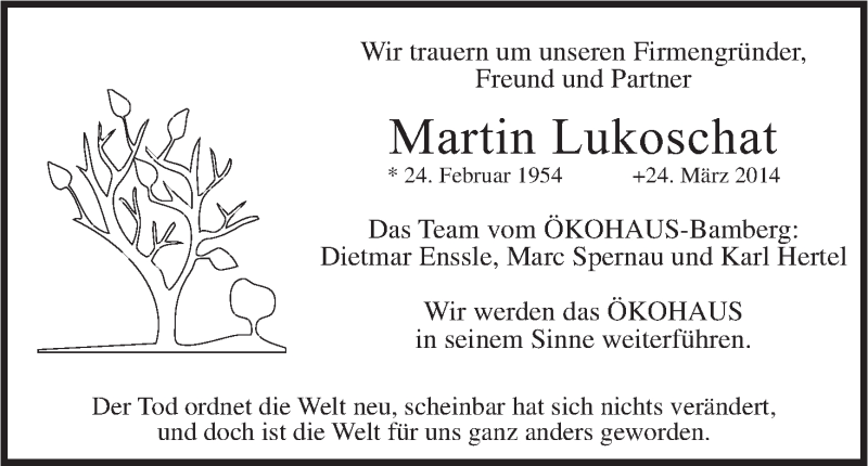  Traueranzeige für Martin Lukoschat vom 29.03.2014 aus MGO