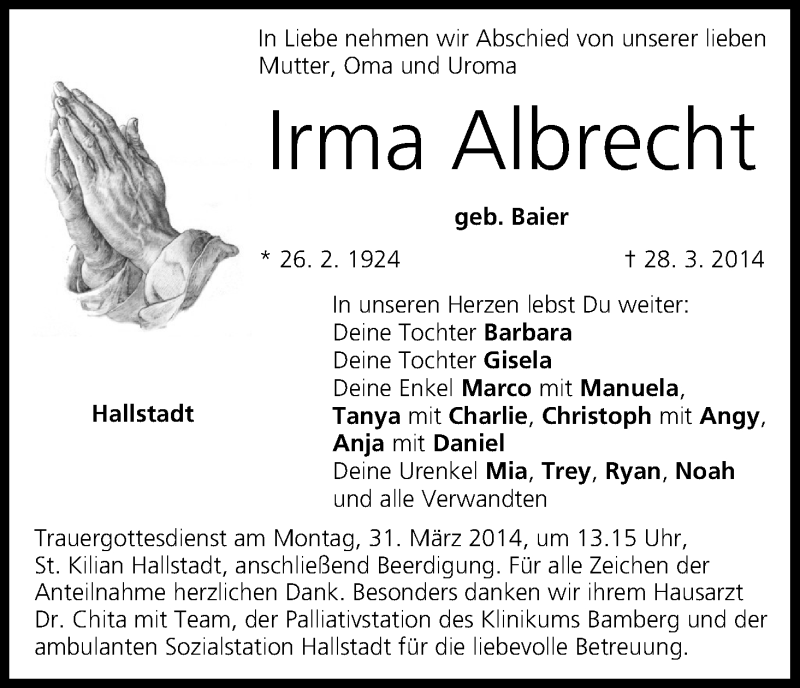  Traueranzeige für Irma Albrecht vom 29.03.2014 aus MGO