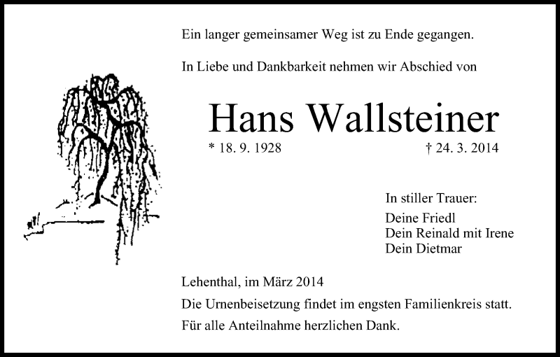  Traueranzeige für Hans Wallsteiner vom 31.03.2014 aus MGO