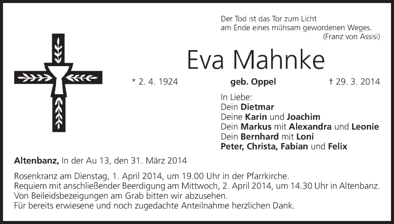  Traueranzeige für Eva Mahnke vom 31.03.2014 aus MGO