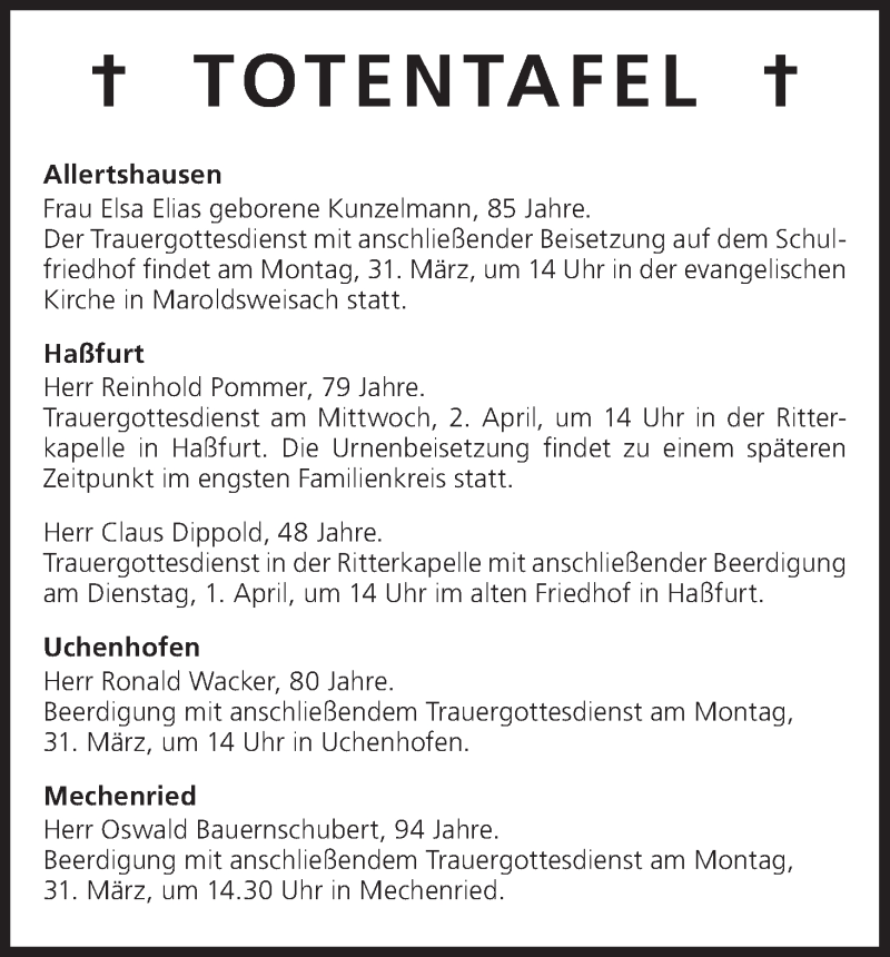  Traueranzeige für Totentafel vom 31.03.2014 vom 31.03.2014 aus MGO