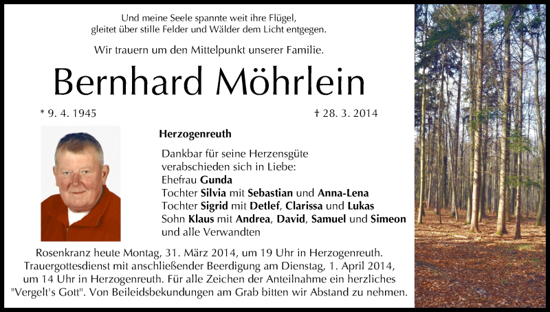  Traueranzeige für Bernhard Möhrlein vom 31.03.2014 aus MGO