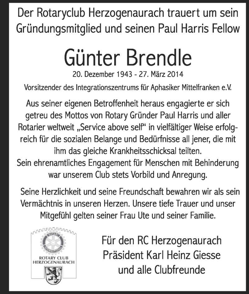  Traueranzeige für Günter Brendle vom 01.04.2014 aus MGO