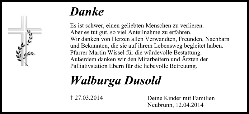  Traueranzeige für Walburga Dusold vom 12.04.2014 aus MGO