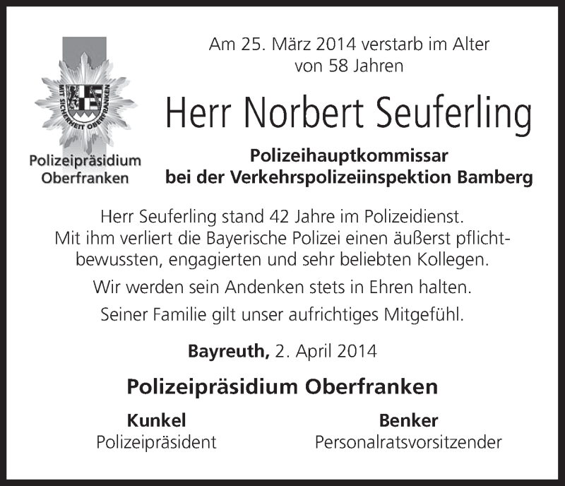  Traueranzeige für Norbert Seuferling vom 02.04.2014 aus MGO