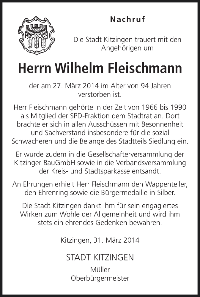  Traueranzeige für Wilhelm Fleischmann vom 01.04.2014 aus MGO