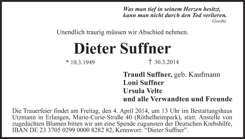  Traueranzeige für Dieter Suffner vom 02.04.2014 aus MGO