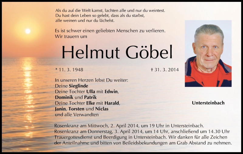  Traueranzeige für Helmut Göbel vom 01.04.2014 aus MGO