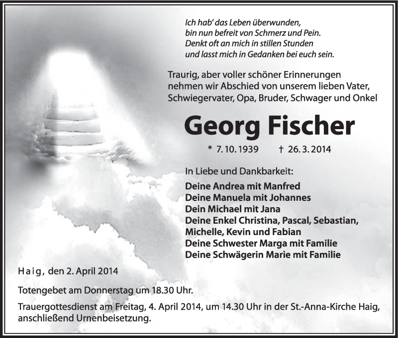  Traueranzeige für Georg Fischer vom 02.04.2014 aus MGO