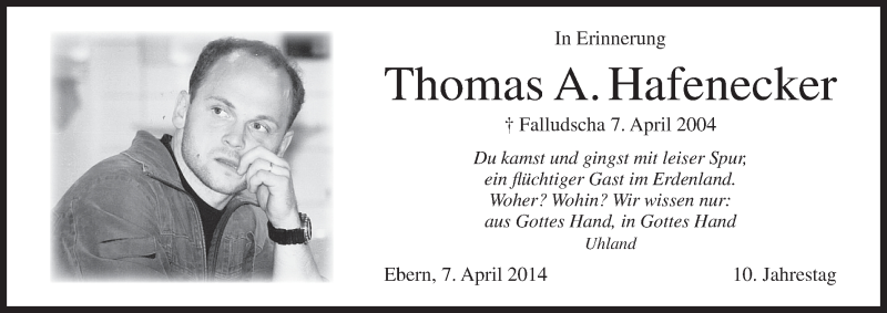  Traueranzeige für Thomas Hafenecker vom 07.04.2014 aus MGO
