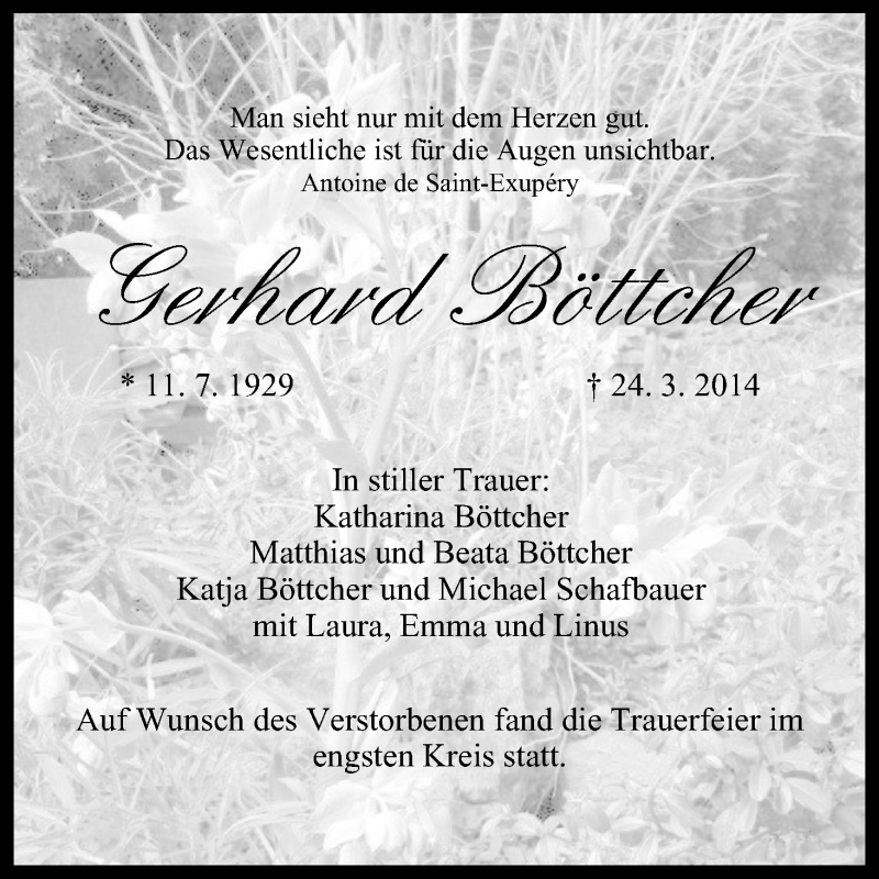  Traueranzeige für Gerhard Böttcher vom 05.04.2014 aus MGO