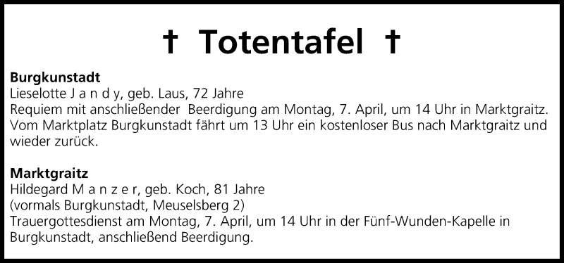  Traueranzeige für Totentafel vom 05.04.2013 vom 05.04.2014 aus MGO