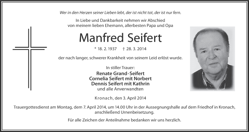  Traueranzeige für Manfred Seifert vom 03.04.2014 aus MGO
