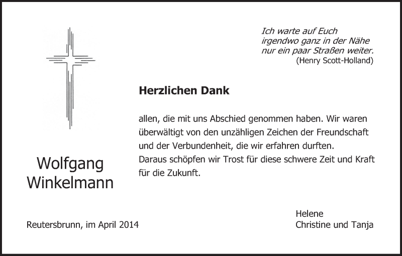  Traueranzeige für Wolfgang Winkelmann vom 05.04.2014 aus MGO