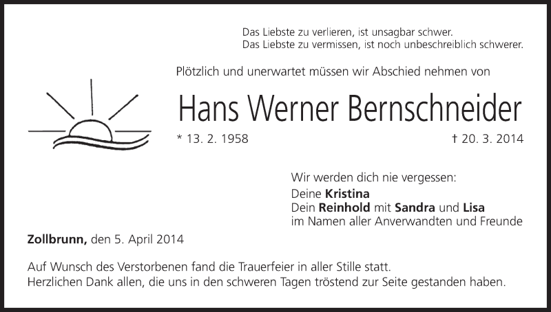  Traueranzeige für Hans Werner Bernschneider vom 05.04.2014 aus MGO