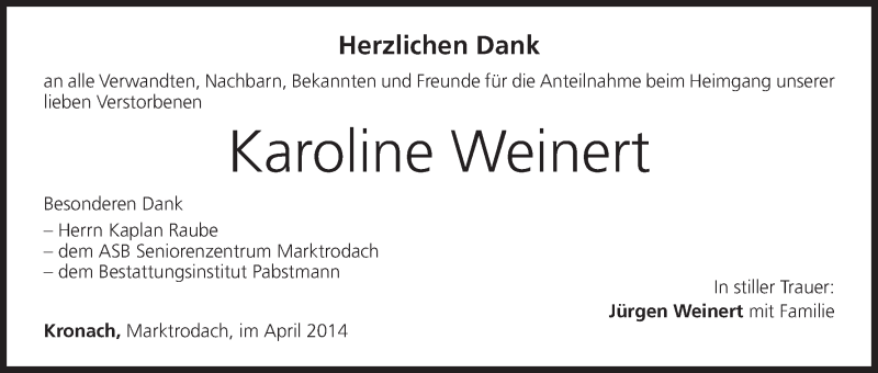  Traueranzeige für Karoline Weinert vom 05.04.2014 aus MGO