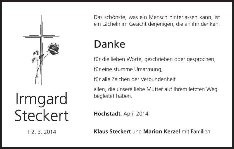  Traueranzeige für Irmgard Steckert vom 05.04.2014 aus MGO