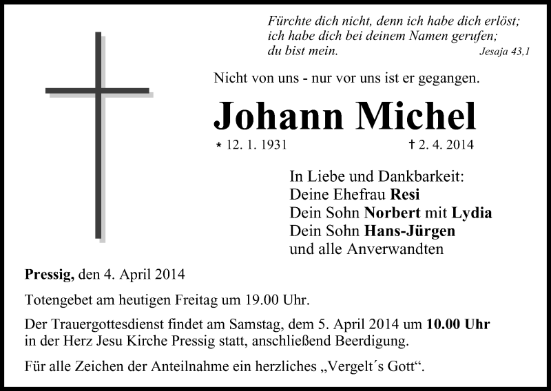  Traueranzeige für Johann Michel vom 04.04.2014 aus MGO