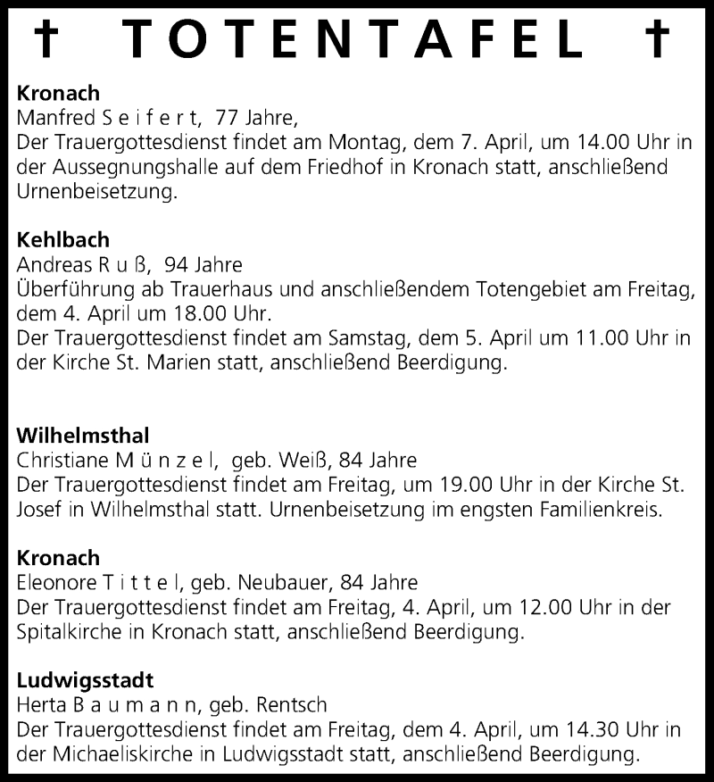  Traueranzeige für Totentafel vom 04.04.2014 vom 04.04.2014 aus MGO