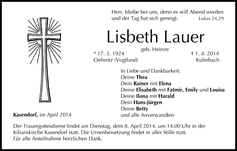  Traueranzeige für Lisbeth Lauer vom 05.04.2014 aus MGO