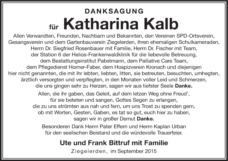  Traueranzeige für Katharina Kalb vom 26.09.2015 aus MGO