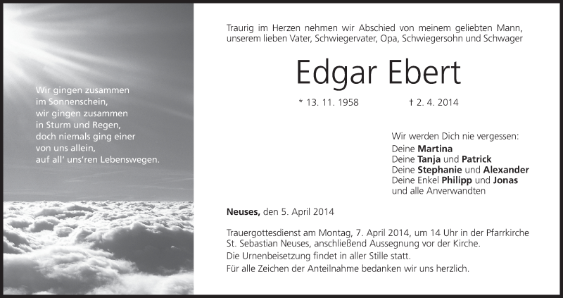 Traueranzeige für Edgar Ebert vom 05.04.2014 aus MGO