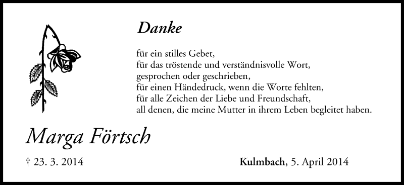  Traueranzeige für Marga Förtsch vom 05.04.2014 aus MGO